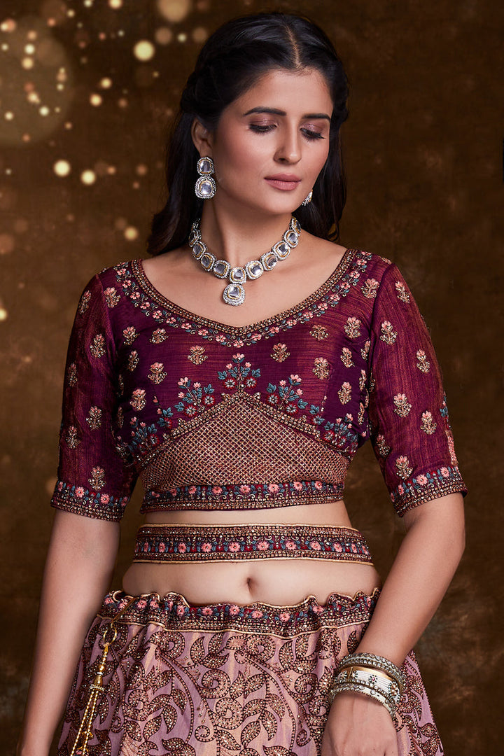 Embroidered Wedding Wear Lehenga Choli In Burgundy Art Silk Fabric