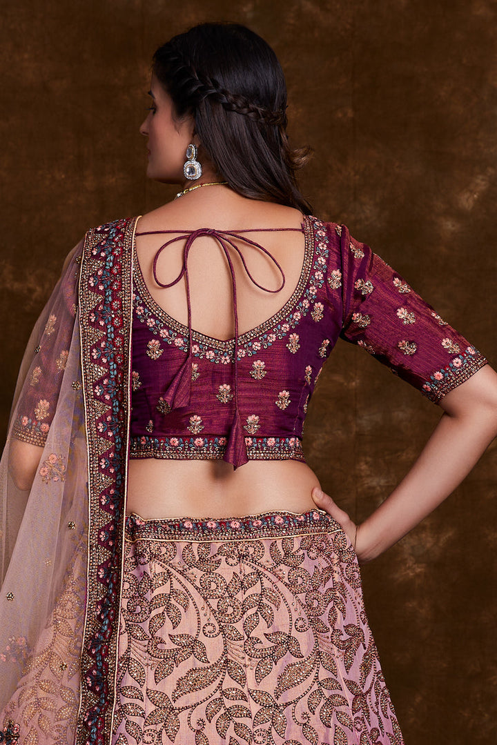 Embroidered Wedding Wear Lehenga Choli In Burgundy Art Silk Fabric
