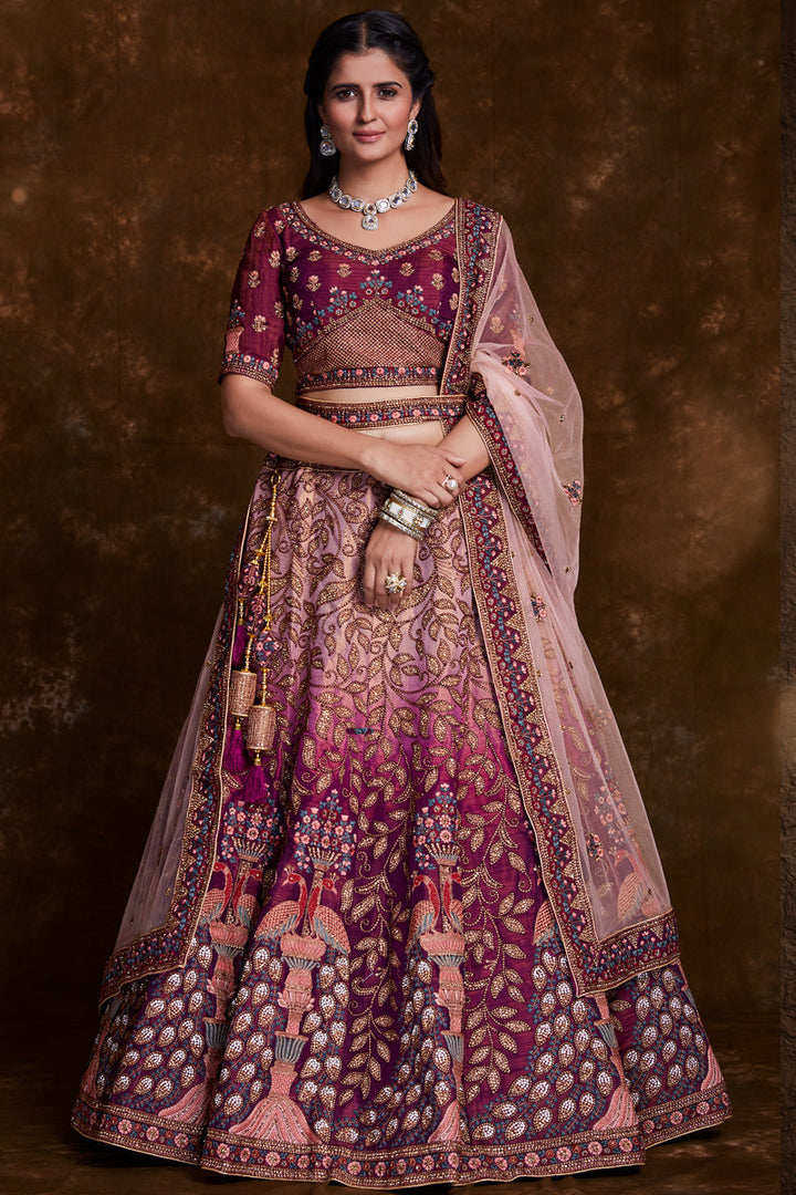 Embroidered Wedding Wear Lehenga Choli In Burgundy Art Silk Fabric