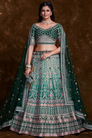 Green Art Silk Reception Wear 3 Piece Lehenga With Embroidery Work And Embellished Blouse