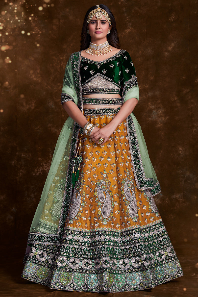 Mustard Designer Embroidered Lehenga Choli In Art Silk Fabric With Alluring Blouse