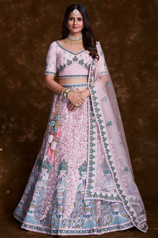 Embroidered Pink Sangeet Wear Lehenga In Net Fabric With Designer Choli