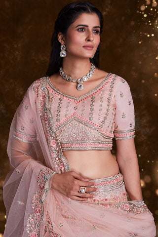 Net Wedding Wear 3 Piece Lehenga In Pink With Embroidery Work