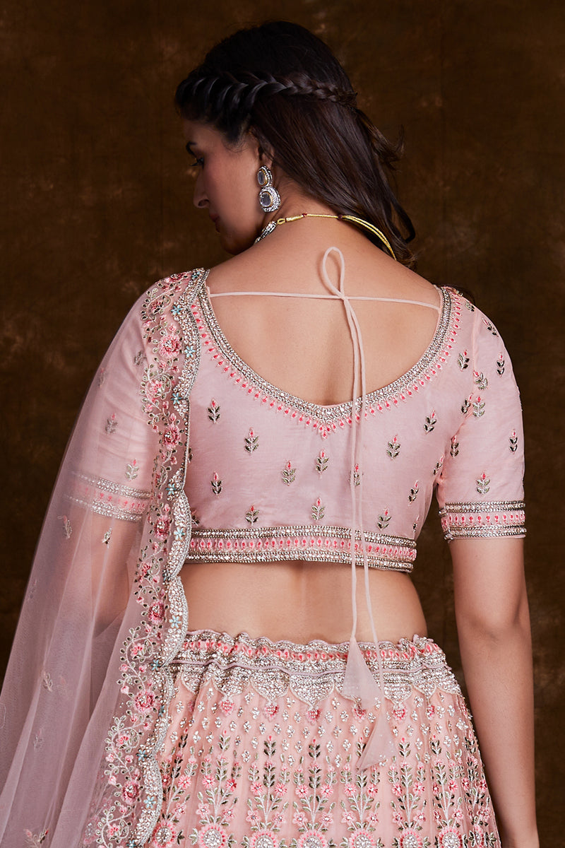 Net Wedding Wear 3 Piece Lehenga In Pink With Embroidery Work