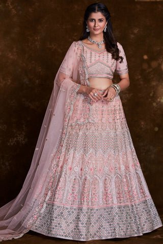 Net Wedding Wear 3 Piece Lehenga In Pink With Embroidery Work