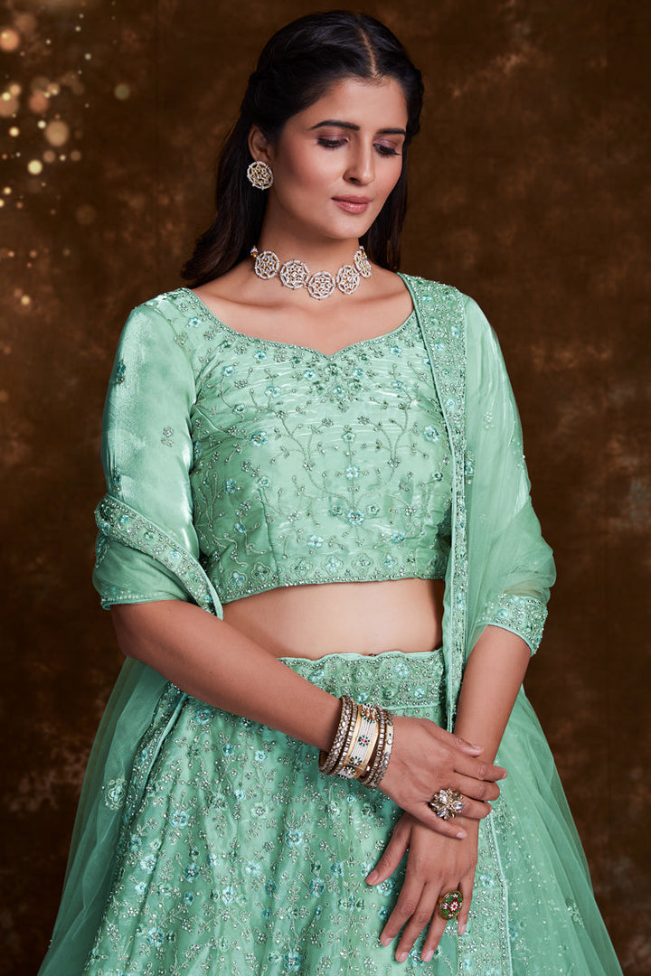 Sea Green Organza Reception Wear Lehenga Choli With Embroidery Work