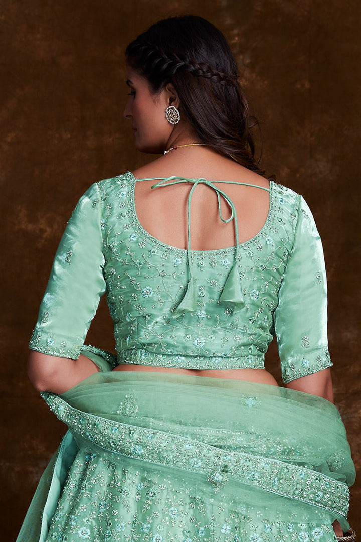 Sea Green Organza Reception Wear Lehenga Choli With Embroidery Work