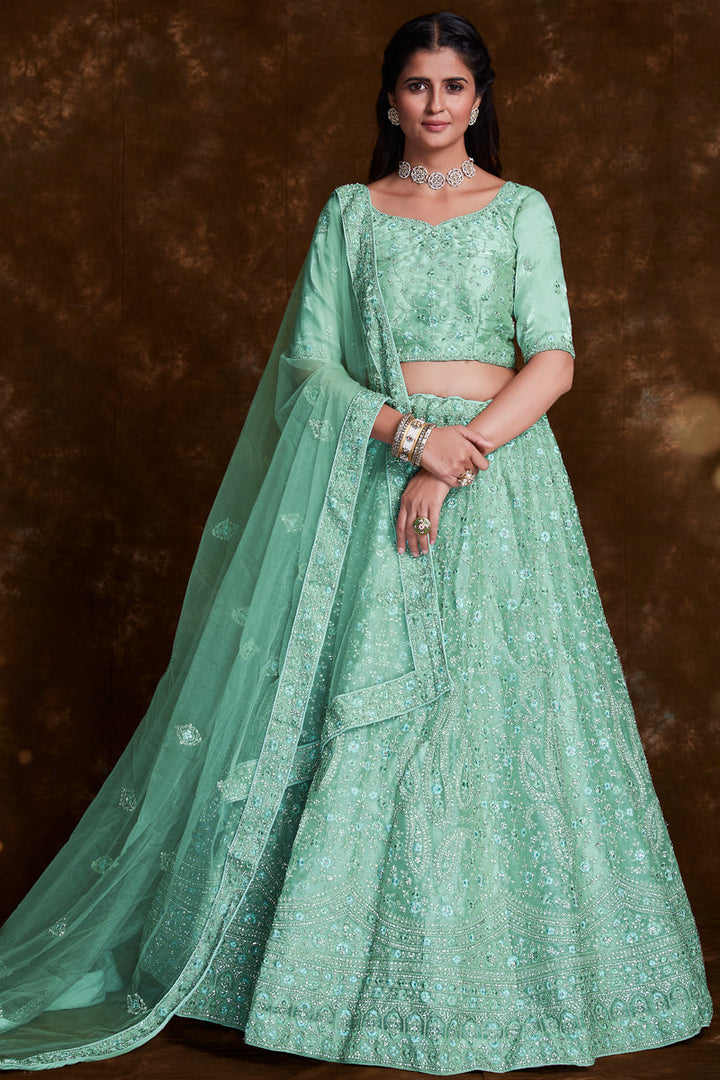 Sea Green Organza Reception Wear Lehenga Choli With Embroidery Work