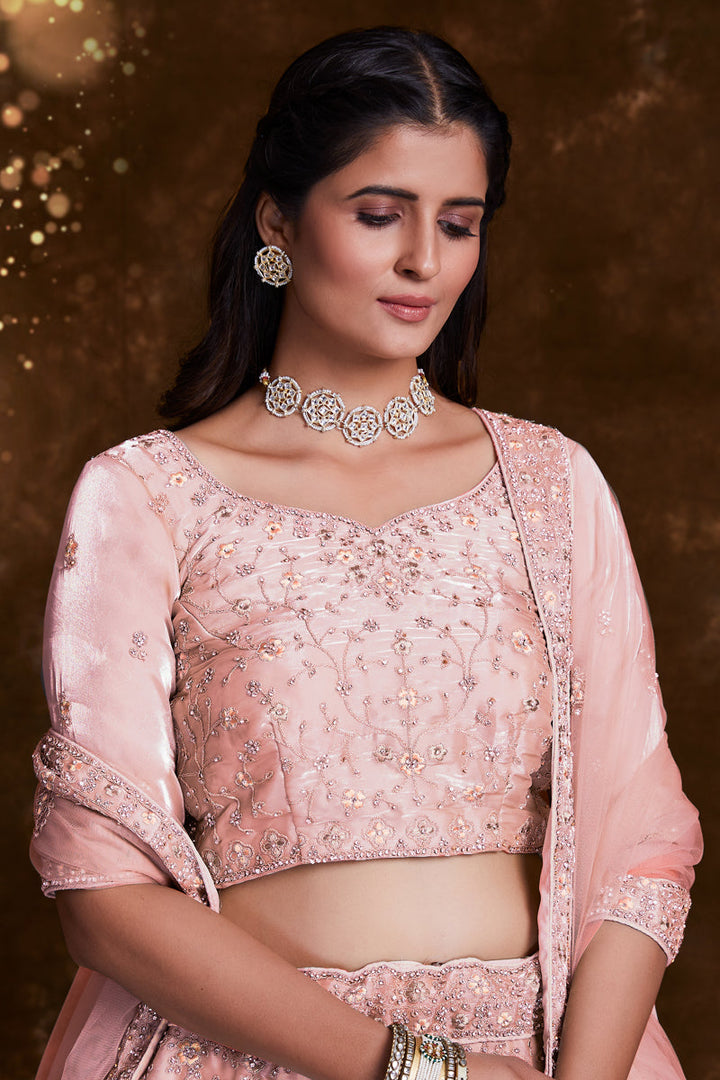 Organza Peach Wedding Wear 3 Piece Lehenga Choli With Embroidery Work
