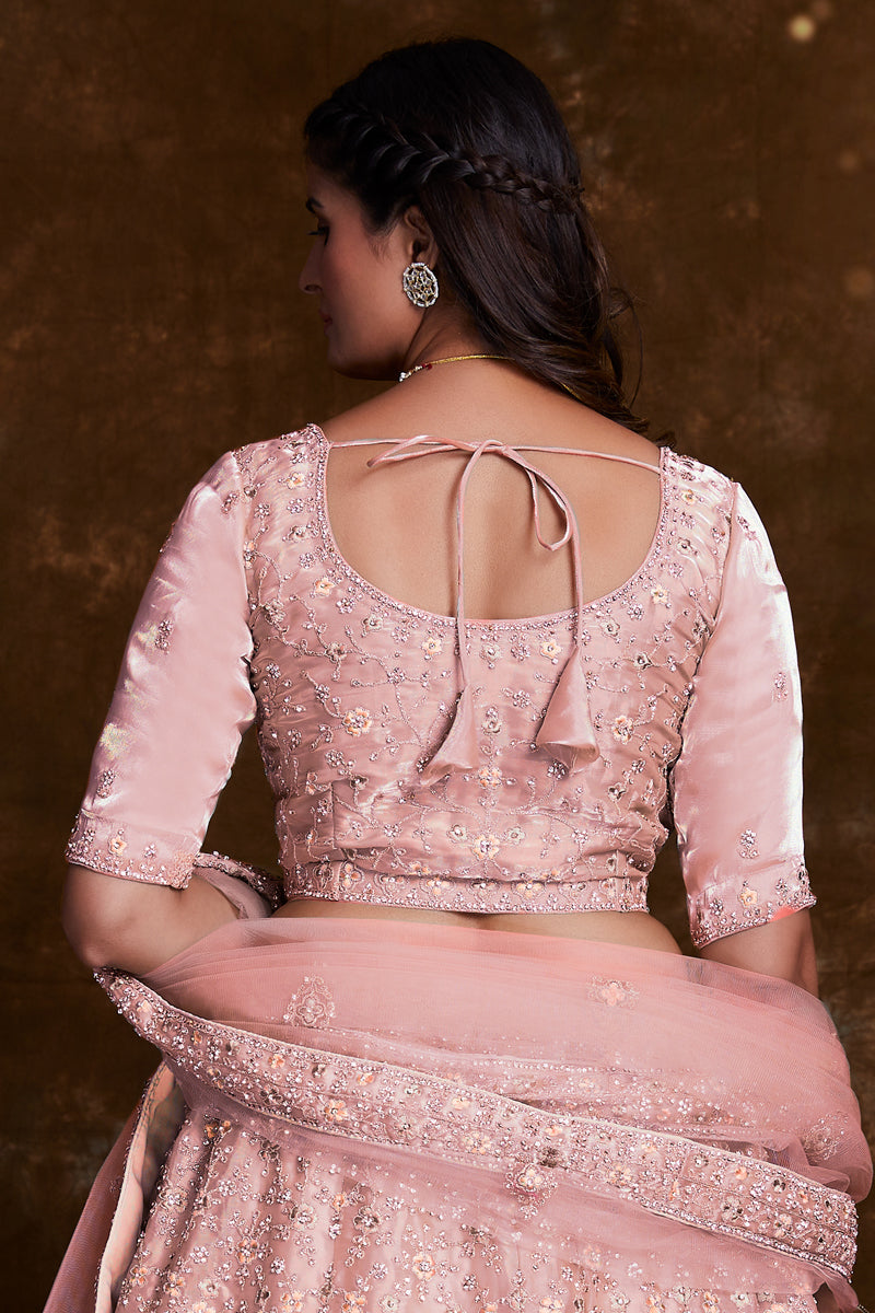 Organza Peach Wedding Wear 3 Piece Lehenga Choli With Embroidery Work
