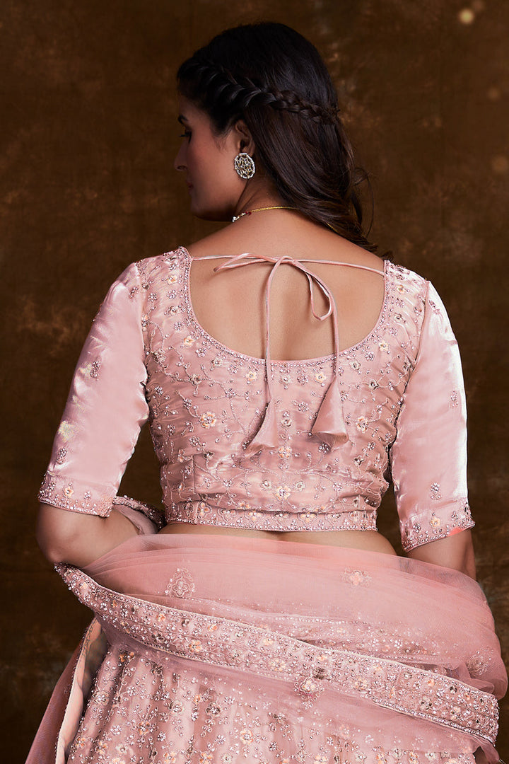 Organza Peach Wedding Wear 3 Piece Lehenga Choli With Embroidery Work