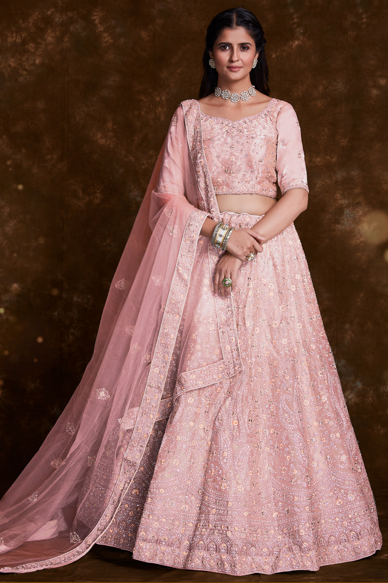 Organza Peach Wedding Wear 3 Piece Lehenga Choli With Embroidery Work