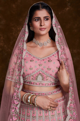 Pink Designer Wedding Lehenga With Embroidery Work On Net Fabric