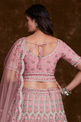 Pink Designer Wedding Lehenga With Embroidery Work On Net Fabric