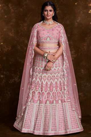 Pink Designer Wedding Lehenga With Embroidery Work On Net Fabric