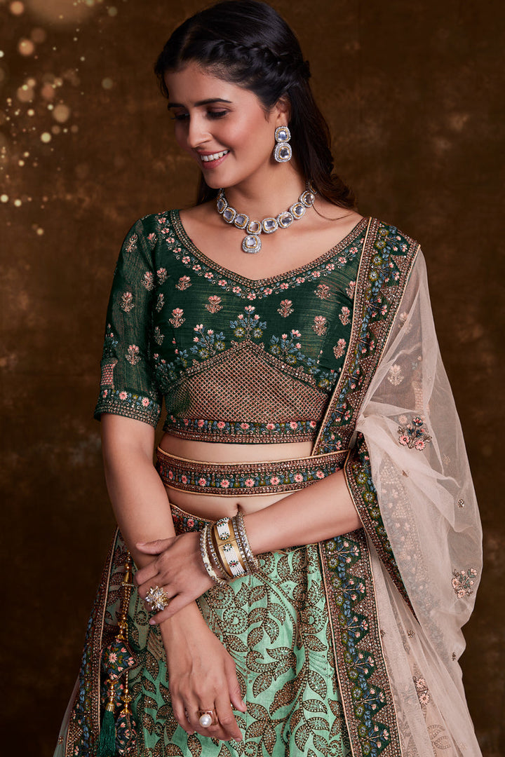 Art Silk Sangeet Wear Lehenga With Embroidery Work In Green