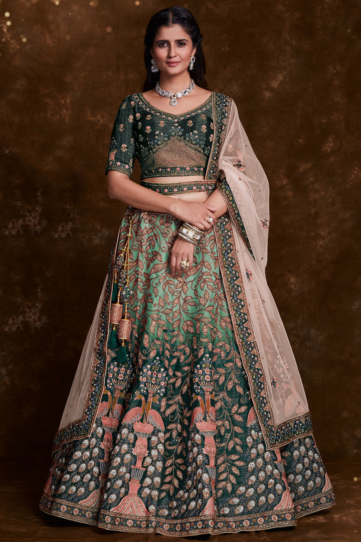 Art Silk Sangeet Wear Lehenga With Embroidery Work In Green
