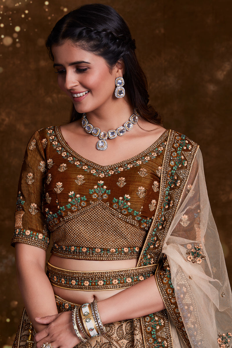 Embroidery Work On Wedding Wear Lehenga In Brown Art Silk With Blouse