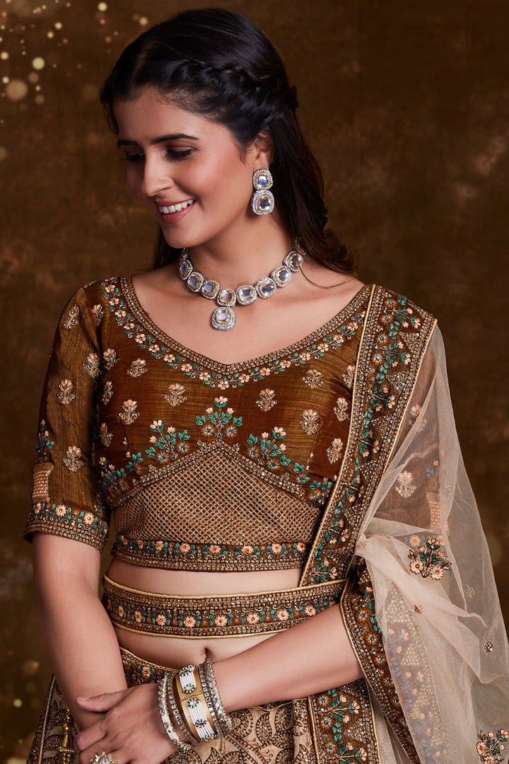 Embroidery Work On Wedding Wear Lehenga In Brown Art Silk With Blouse