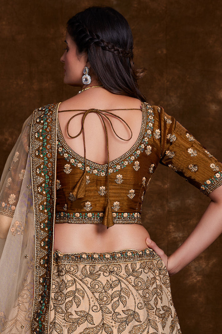 Embroidery Work On Wedding Wear Lehenga In Brown Art Silk With Blouse
