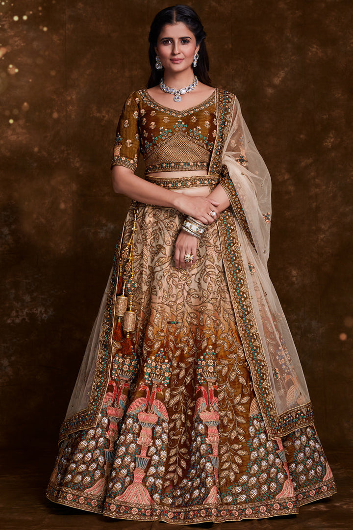 Embroidery Work On Wedding Wear Lehenga In Brown Art Silk With Blouse