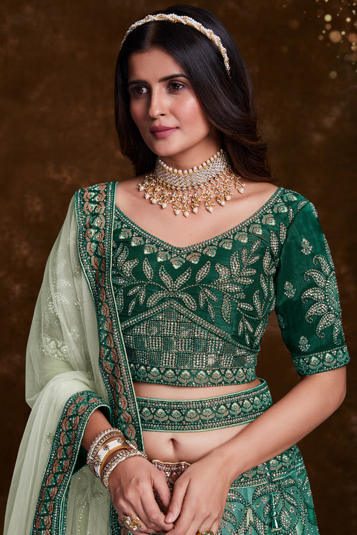 Embroidery Work On Art Silk Designer Lehenga In Sea Green With Blouse