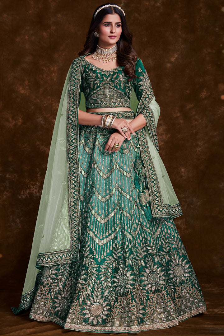 Embroidery Work On Art Silk Designer Lehenga In Sea Green With Blouse