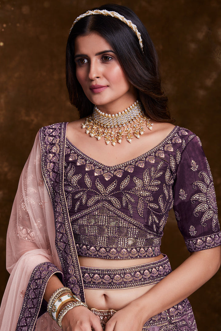 Embroidery Work On Wine Designer Lehenga Choli In Art Silk Fabric With Beautiful Blouse