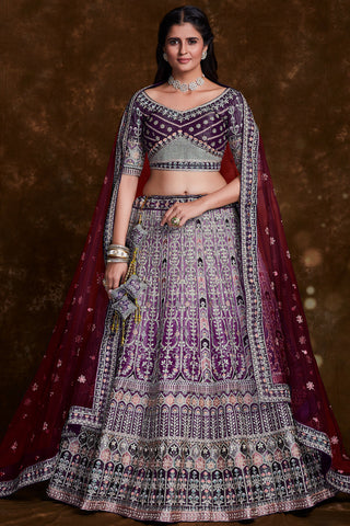 Wine Art Silk Reception Wear 3 Piece Lehenga With Embroidery Work And Embellished Blouse