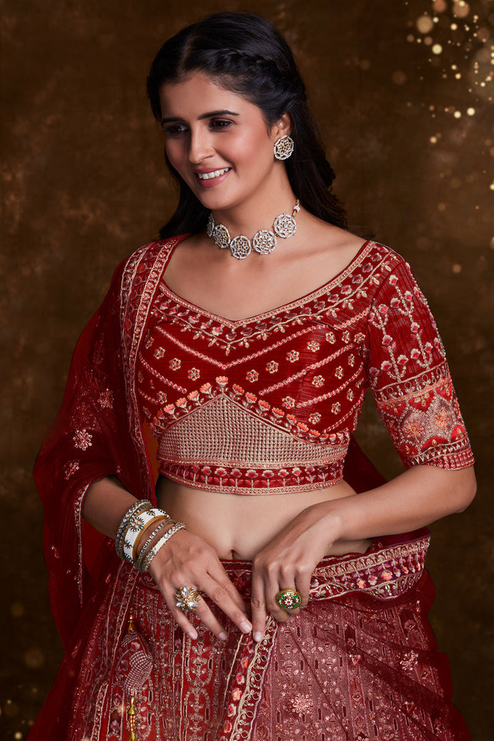 Occasion Wear Chaniya Choli In Red Art Silk Fabric With Embroidery Work And Wedding Wear Blouse