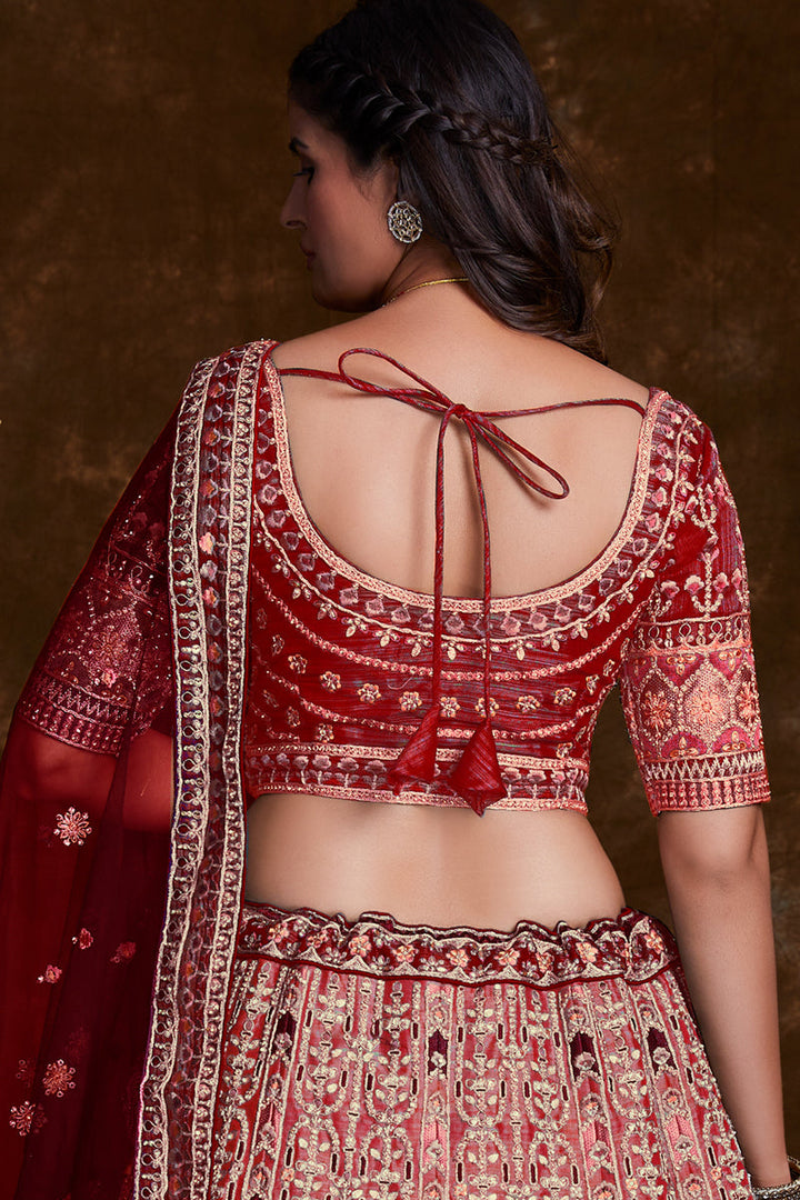 Occasion Wear Chaniya Choli In Red Art Silk Fabric With Embroidery Work And Wedding Wear Blouse