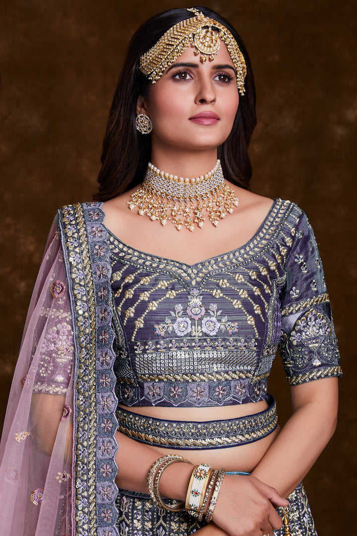 Embroidery Work On Violet Art Silk Designer Lehenga Choli With Mesmerizing Blouse