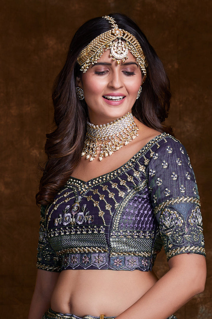 Embroidery Work On Violet Art Silk Designer Lehenga Choli With Mesmerizing Blouse