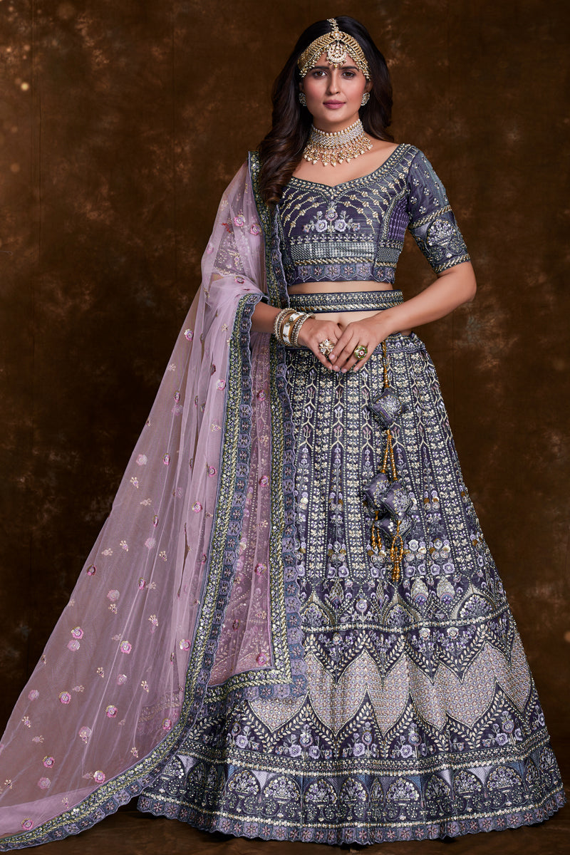 Embroidery Work On Violet Art Silk Designer Lehenga Choli With Mesmerizing Blouse