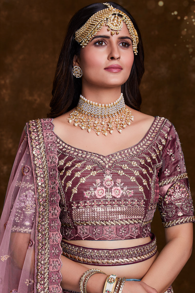 Art Silk Wine Fucntion Wear Lehenga With Embroidery Work And Artistic Blouse