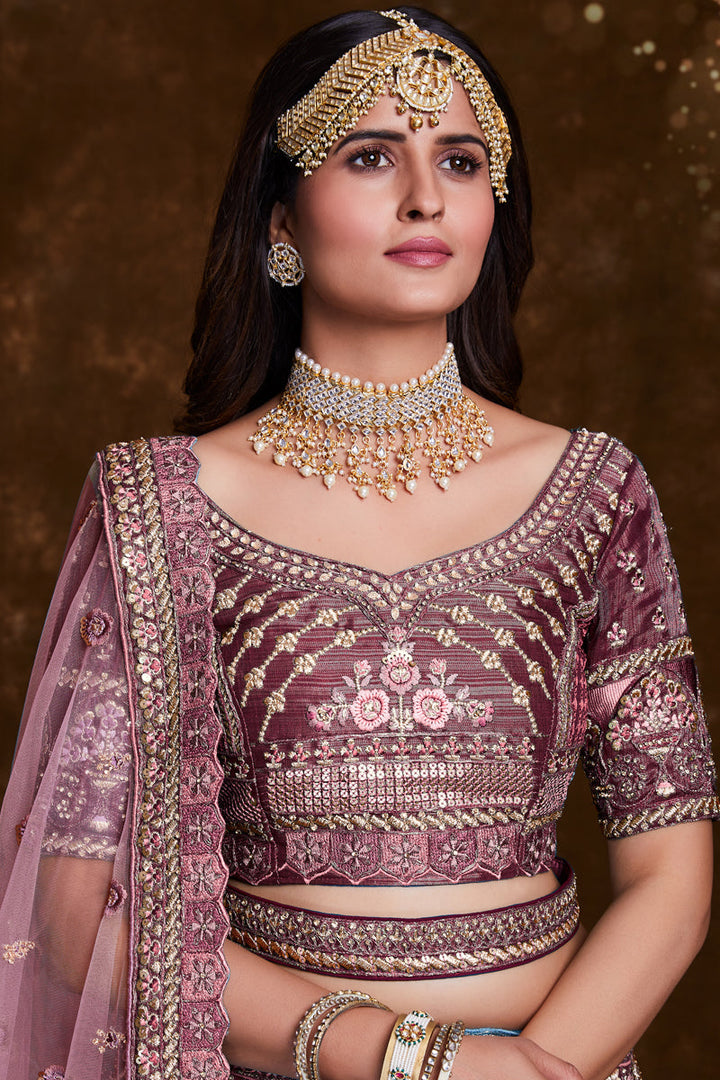 Art Silk Wine Fucntion Wear Lehenga With Embroidery Work And Artistic Blouse