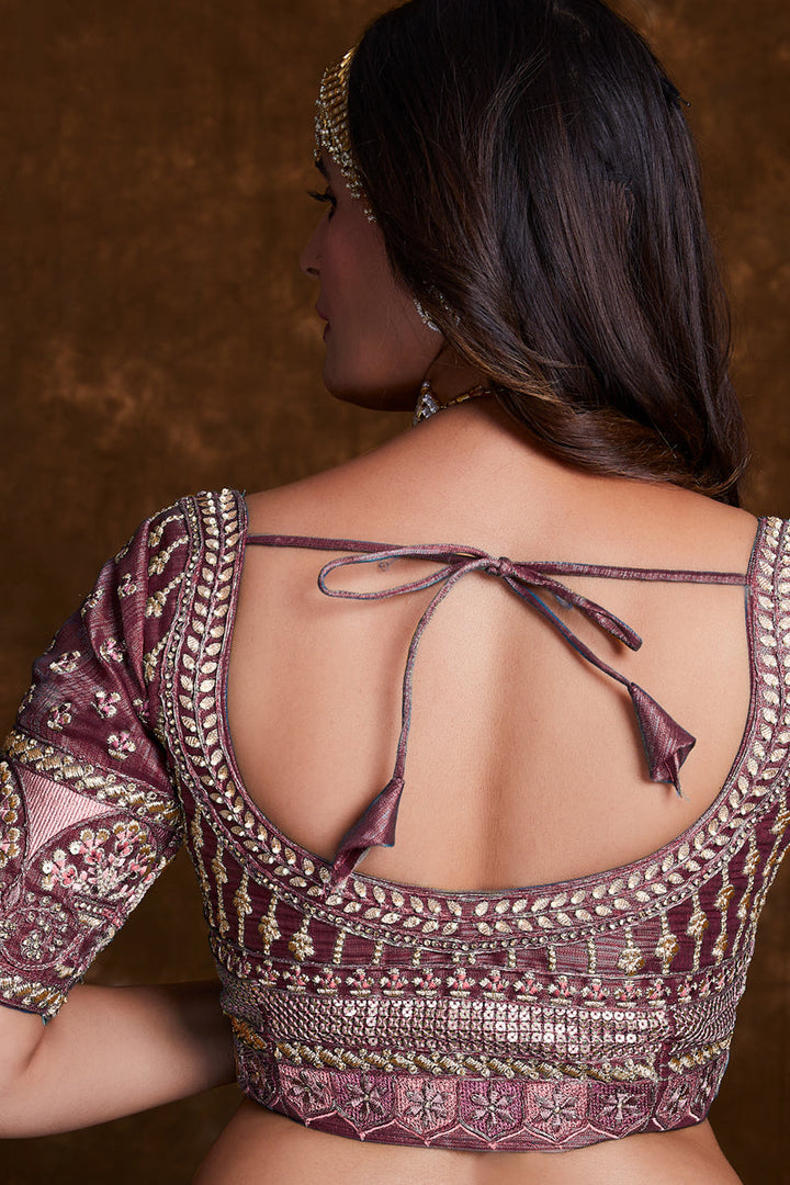 Art Silk Wine Fucntion Wear Lehenga With Embroidery Work And Artistic Blouse