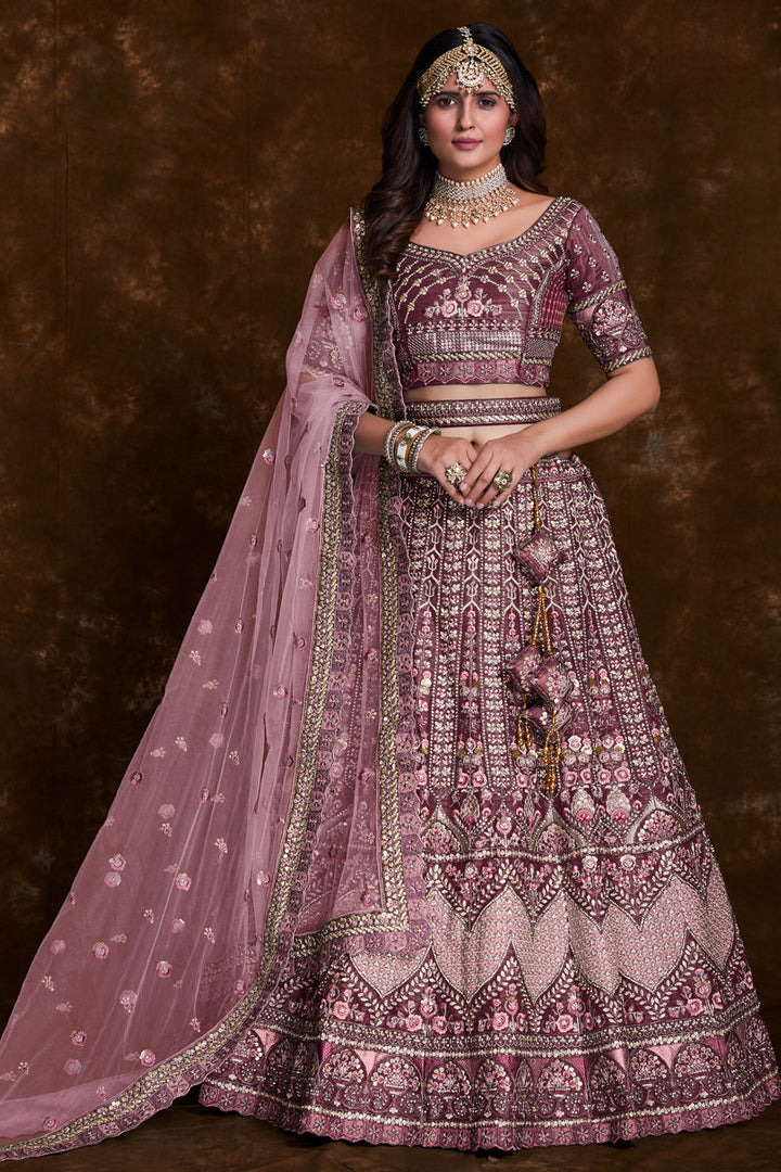 Art Silk Wine Fucntion Wear Lehenga With Embroidery Work And Artistic Blouse