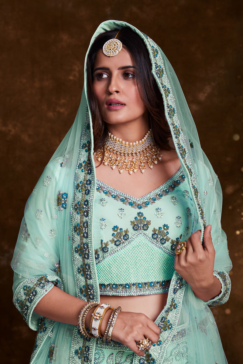 Sea Green Embroidery Work On Net Sangeet Wear Lehenga Choli With Beautiful Blouse