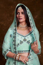 Load image into Gallery viewer, Sea Green Embroidery Work On Net Sangeet Wear Lehenga Choli With Beautiful Blouse
