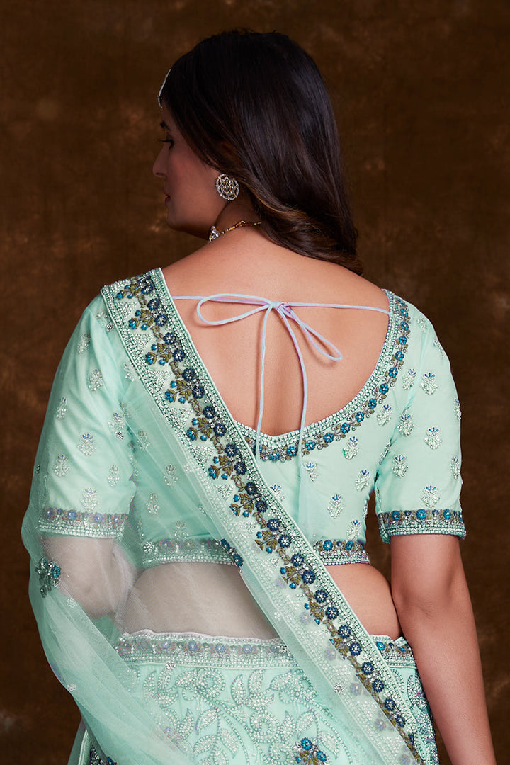 Sea Green Embroidery Work On Net Sangeet Wear Lehenga Choli With Beautiful Blouse