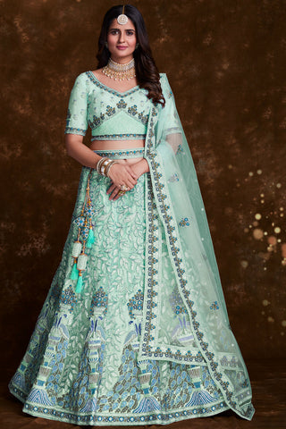 Sea Green Embroidery Work On Net Sangeet Wear Lehenga Choli With Beautiful Blouse