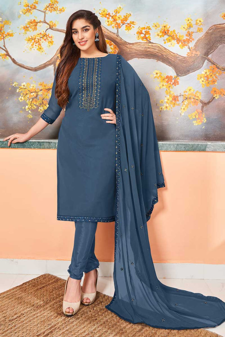 Fantastic Blue Color Embroidered Salwar Suit In Georgette Fabric