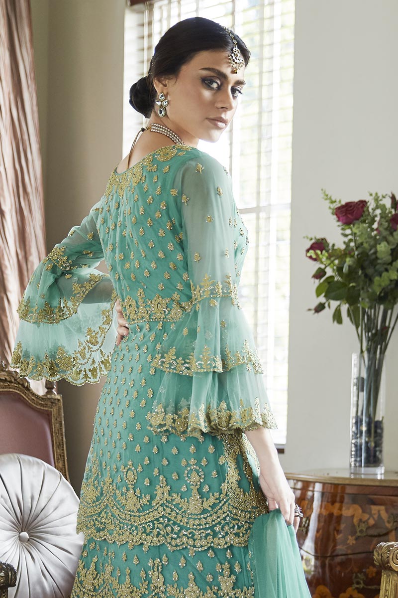 Trendy Net Fabric Function Wear Embroidered Cyan Sharara Suit