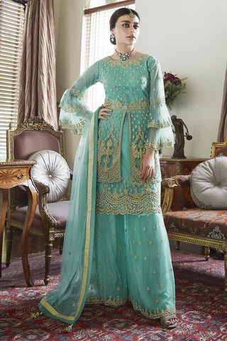 Trendy Net Fabric Function Wear Embroidered Cyan Sharara Suit