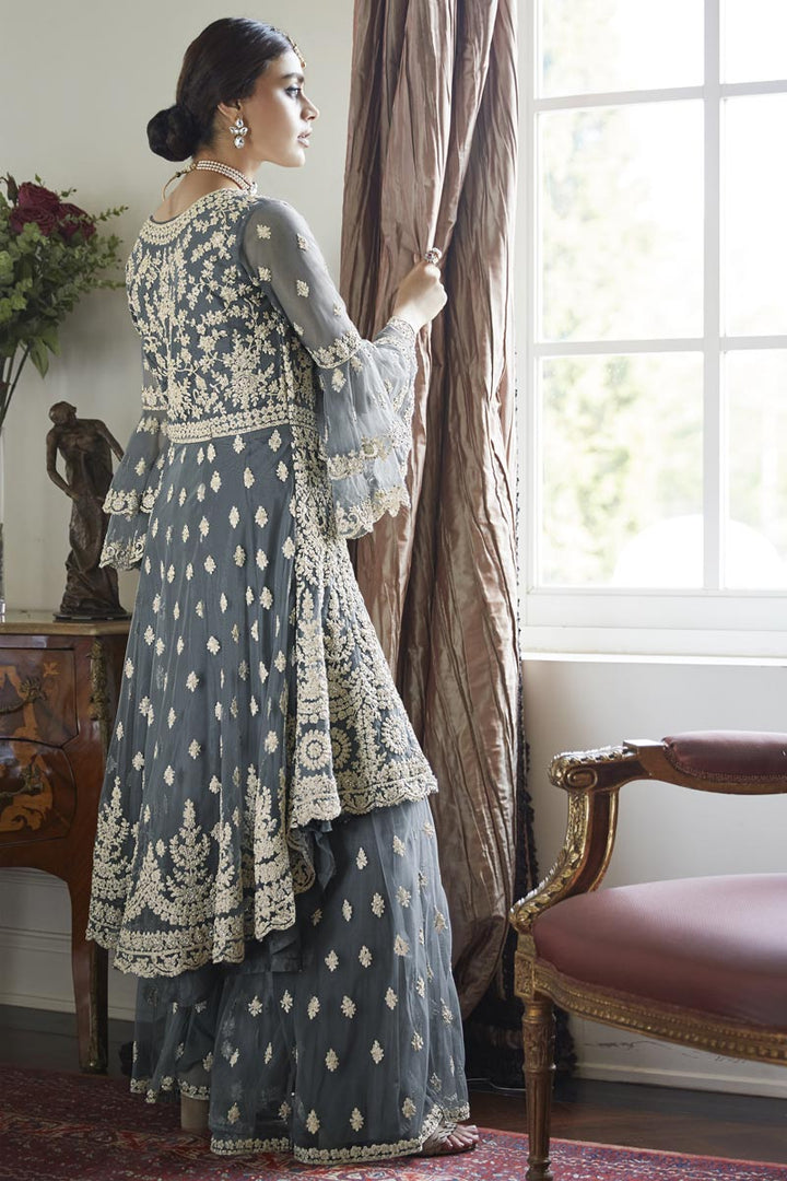 Trendy Net Fabric Function Wear Grey Embroidered Sharara Suit