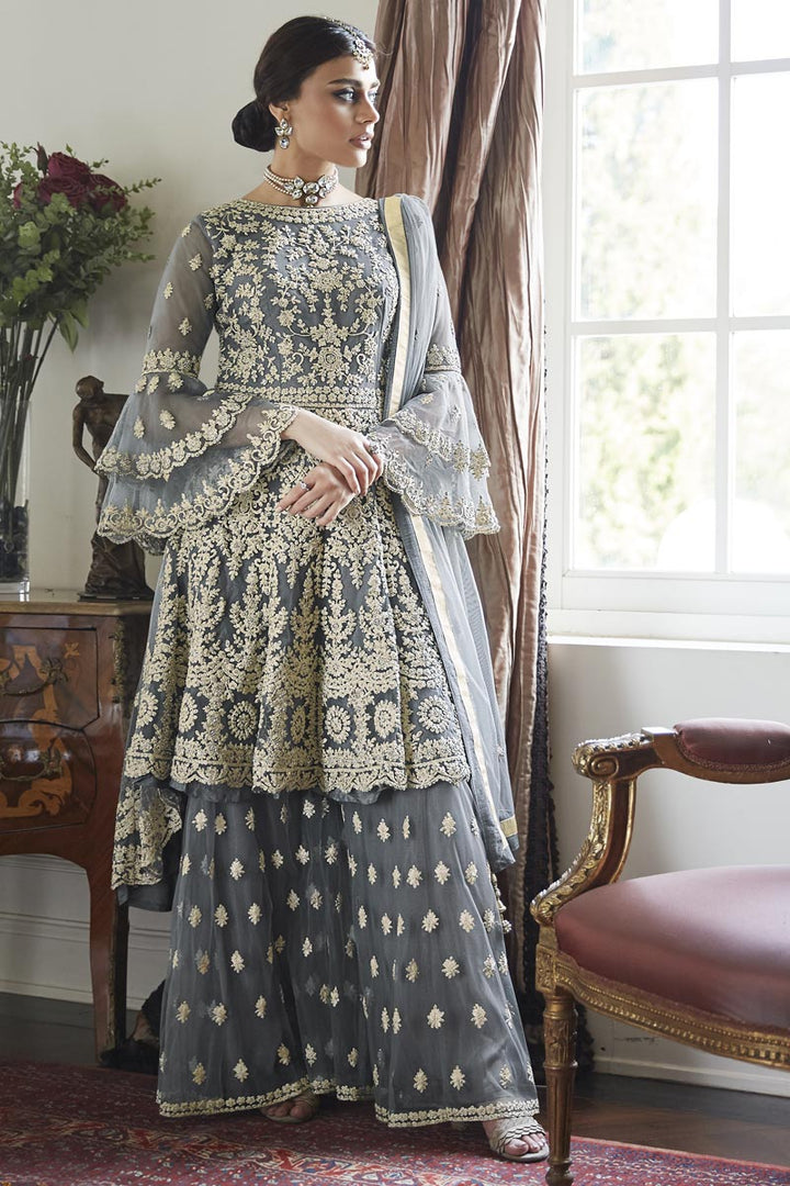 Trendy Net Fabric Function Wear Grey Embroidered Sharara Suit