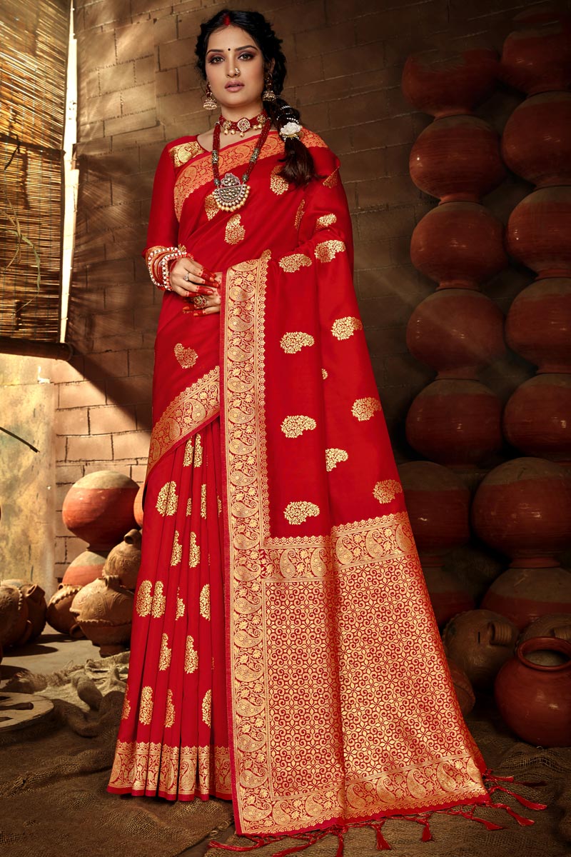 Art Silk Puja Wear Red Color Chic Weaving Work Saree