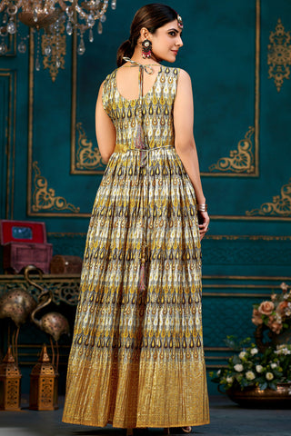 Digital Printed Yellow Chinon Designer Readymade Gown