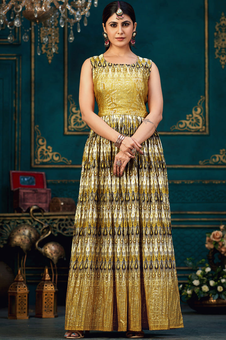 Digital Printed Yellow Chinon Designer Readymade Gown